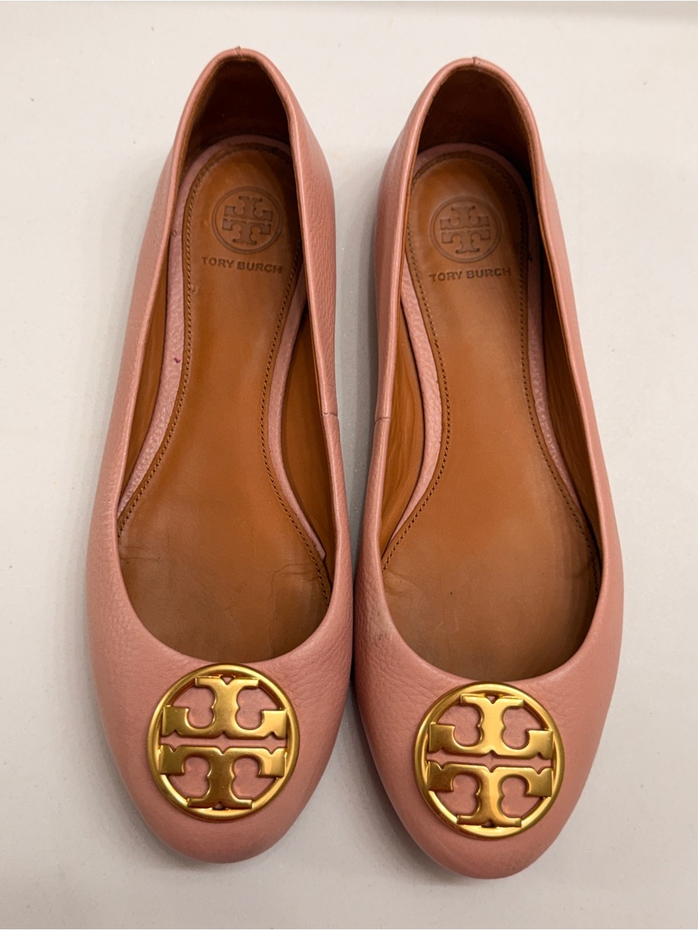 Tory Burch Rose Pink Leather Logo Ballet Flats